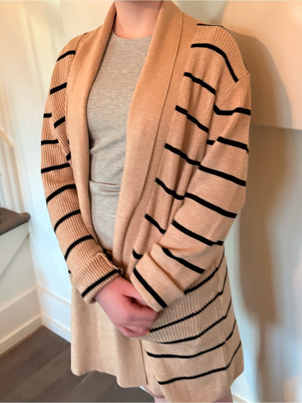 Beige and Black Striped Open-Front Cardigan - Picture 3 of 6